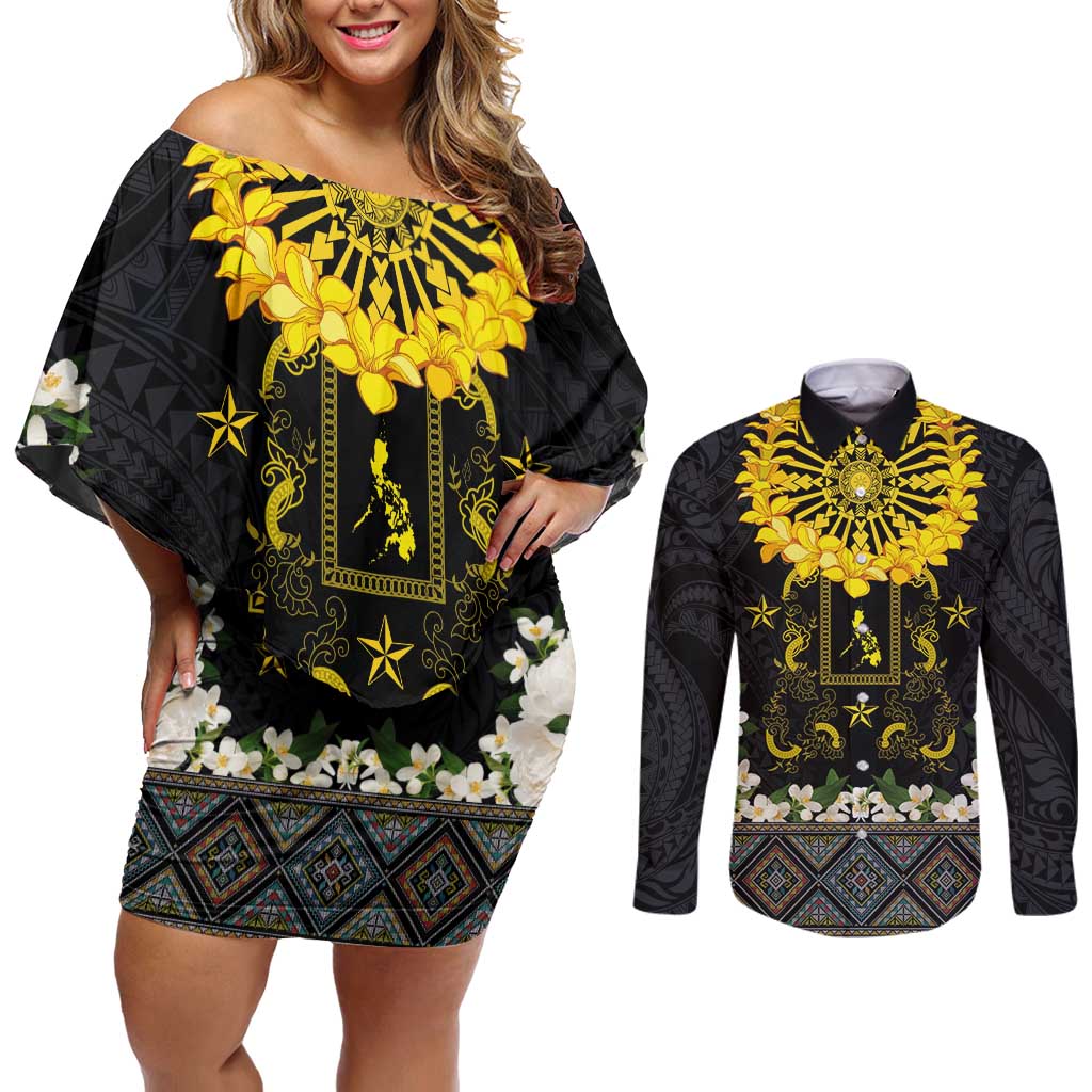 Flores de Mayo and Filipino Fiesta Couples Matching Off Shoulder Short Dress and Long Sleeve Button Shirt The Sun-Jasmine and Polynesian Yakan Tattoo Barong Style