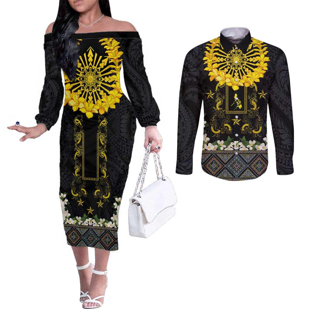 Flores de Mayo and Filipino Fiesta Couples Matching Off The Shoulder Long Sleeve Dress and Long Sleeve Button Shirt The Sun-Jasmine and Polynesian Yakan Tattoo Barong Style