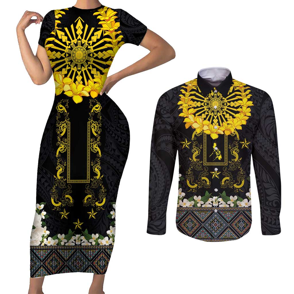 Flores de Mayo and Filipino Fiesta Couples Matching Short Sleeve Bodycon Dress and Long Sleeve Button Shirt The Sun-Jasmine and Polynesian Yakan Tattoo Barong Style