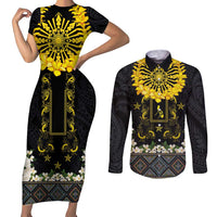 Flores de Mayo and Filipino Fiesta Couples Matching Short Sleeve Bodycon Dress and Long Sleeve Button Shirt The Sun-Jasmine and Polynesian Yakan Tattoo Barong Style