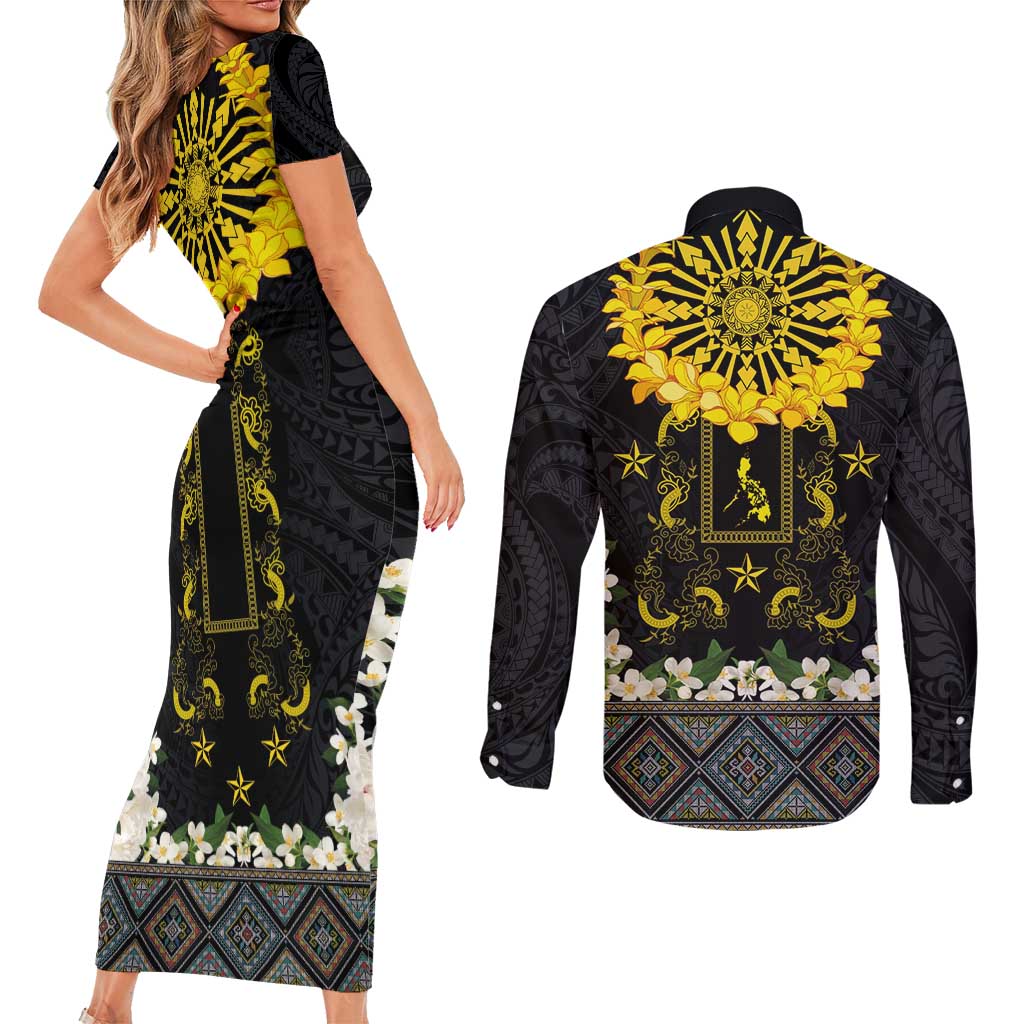 Flores de Mayo and Filipino Fiesta Couples Matching Short Sleeve Bodycon Dress and Long Sleeve Button Shirt The Sun-Jasmine and Polynesian Yakan Tattoo Barong Style