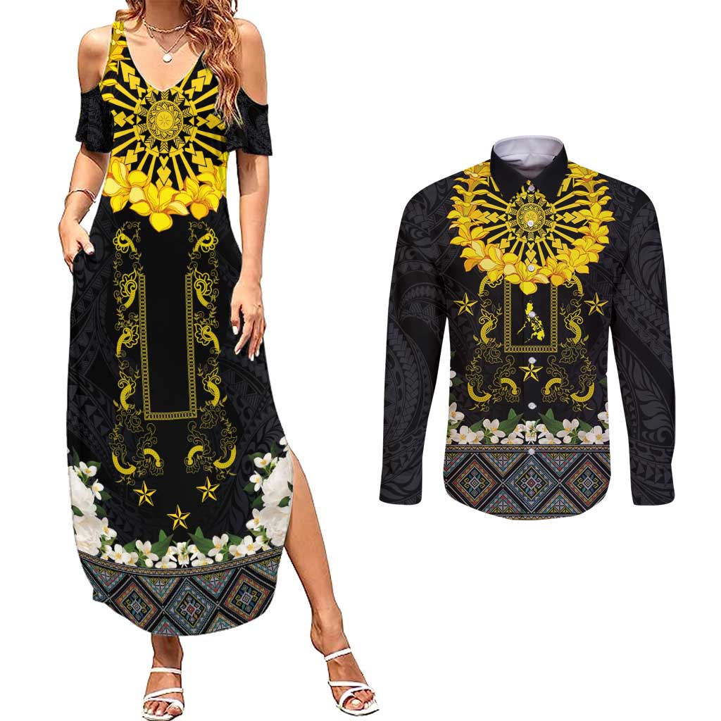 Flores de Mayo and Filipino Fiesta Couples Matching Summer Maxi Dress and Long Sleeve Button Shirt The Sun-Jasmine and Polynesian Yakan Tattoo Barong Style