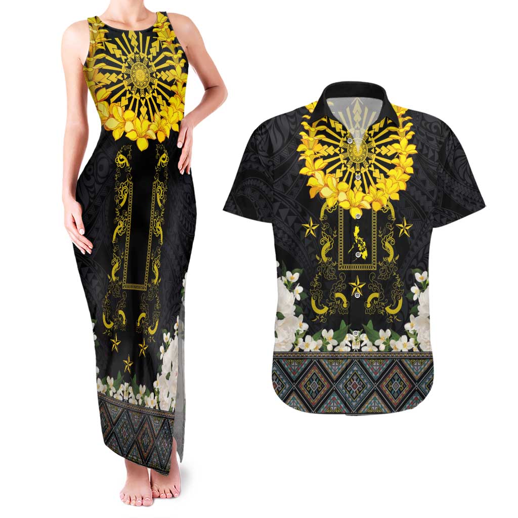 Flores de Mayo and Filipino Fiesta Couples Matching Tank Maxi Dress and Hawaiian Shirt The Sun-Jasmine and Polynesian Yakan Tattoo Barong Style