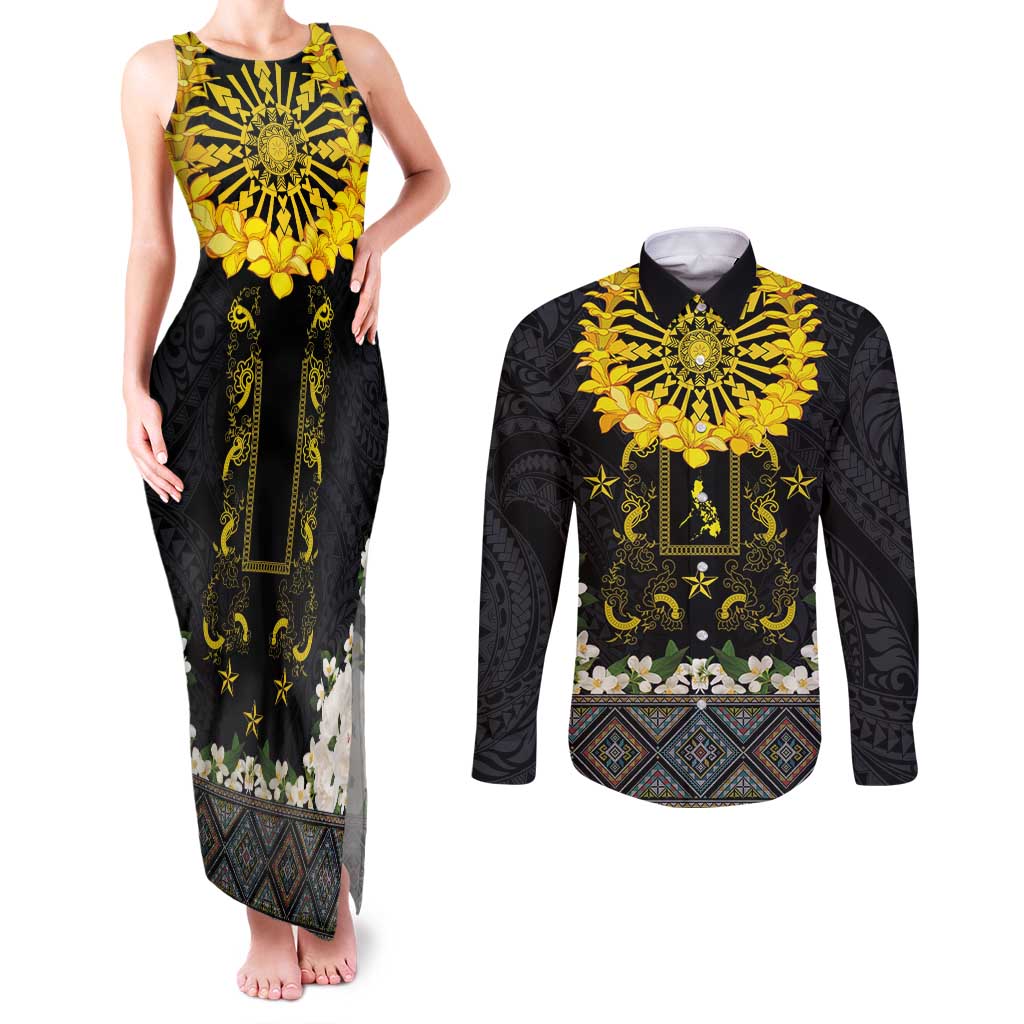 Flores de Mayo and Filipino Fiesta Couples Matching Tank Maxi Dress and Long Sleeve Button Shirt The Sun-Jasmine and Polynesian Yakan Tattoo Barong Style