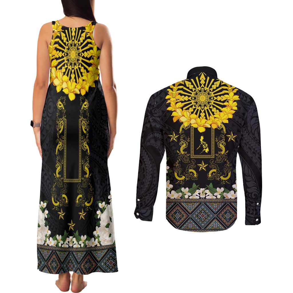 Flores de Mayo and Filipino Fiesta Couples Matching Tank Maxi Dress and Long Sleeve Button Shirt The Sun-Jasmine and Polynesian Yakan Tattoo Barong Style