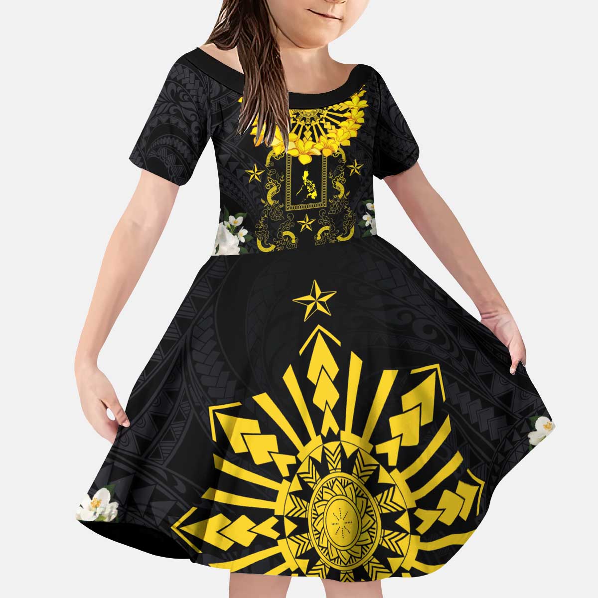 Flores de Mayo and Filipino Fiesta Kid Short Sleeve Dress The Sun-Jasmine and Polynesian Yakan Tattoo Barong Style