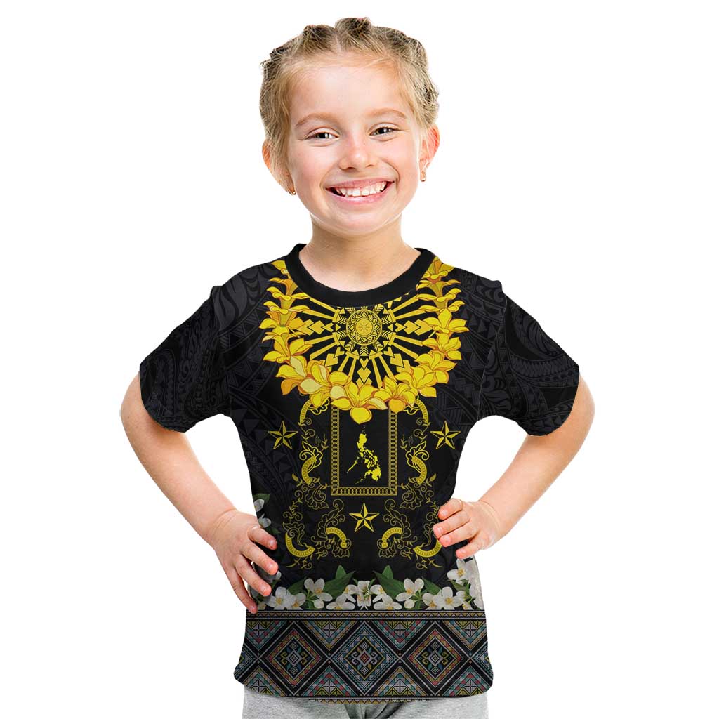 Flores de Mayo and Filipino Fiesta Kid T Shirt The Sun-Jasmine and Polynesian Yakan Tattoo Barong Style LT03 Black - Polynesian Pride