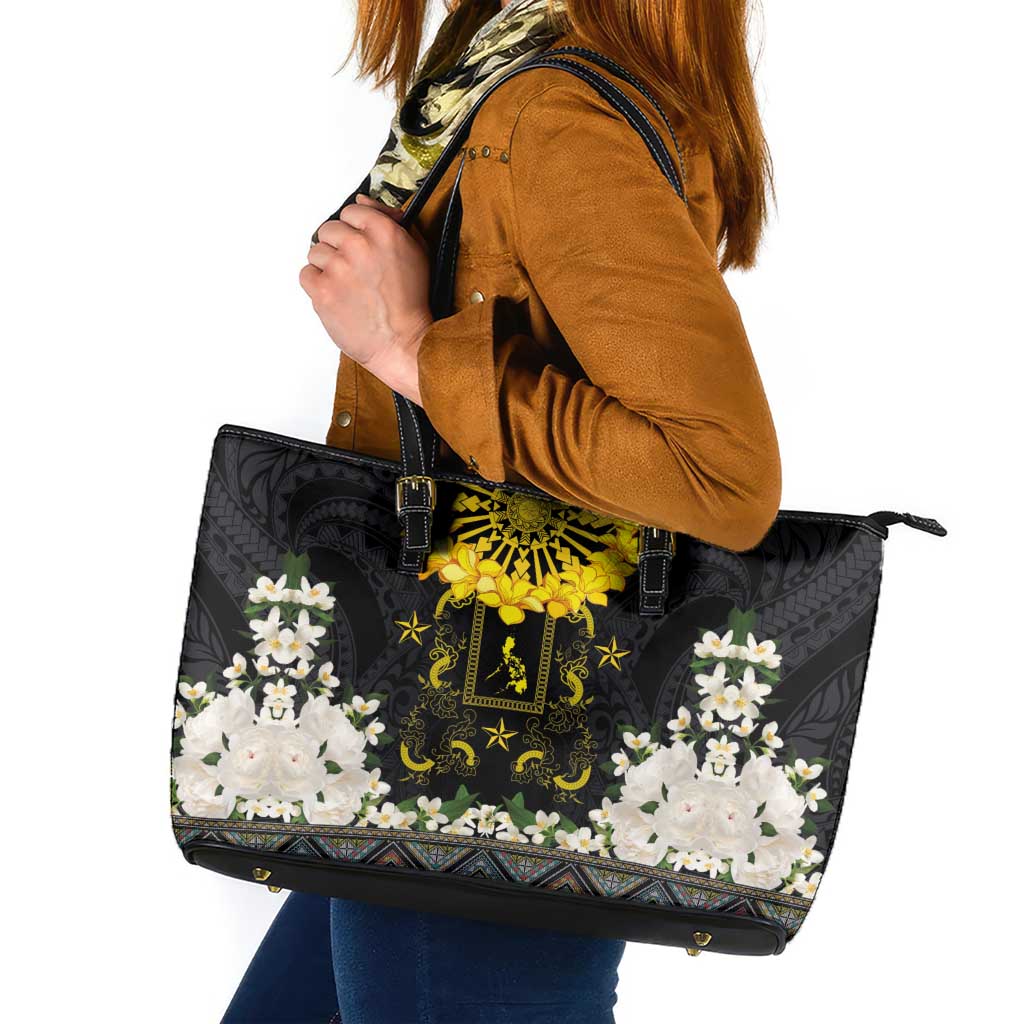 Flores de Mayo and Filipino Fiesta Leather Tote Bag The Sun-Jasmine and Polynesian Yakan Tattoo Barong Style LT03 Black - Polynesian Pride