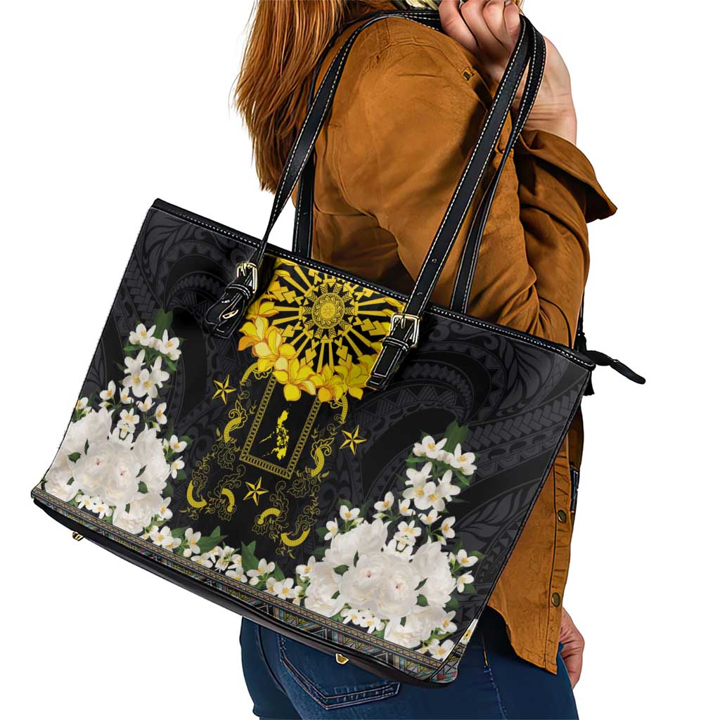 Flores de Mayo and Filipino Fiesta Leather Tote Bag The Sun-Jasmine and Polynesian Yakan Tattoo Barong Style