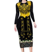 Flores de Mayo and Filipino Fiesta Long Sleeve Bodycon Dress The Sun-Jasmine and Polynesian Yakan Tattoo Barong Style