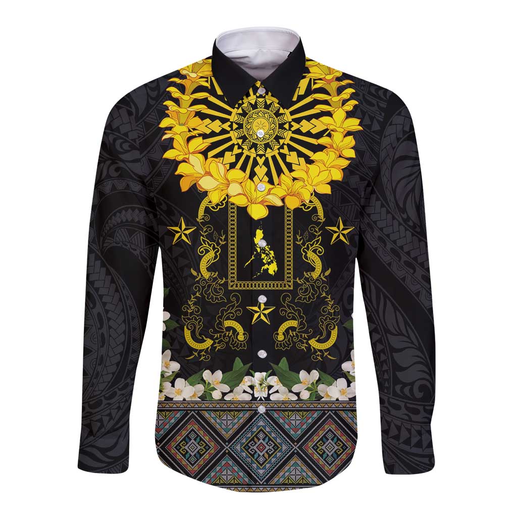 Flores de Mayo and Filipino Fiesta Long Sleeve Button Shirt The Sun-Jasmine and Polynesian Yakan Tattoo Barong Style