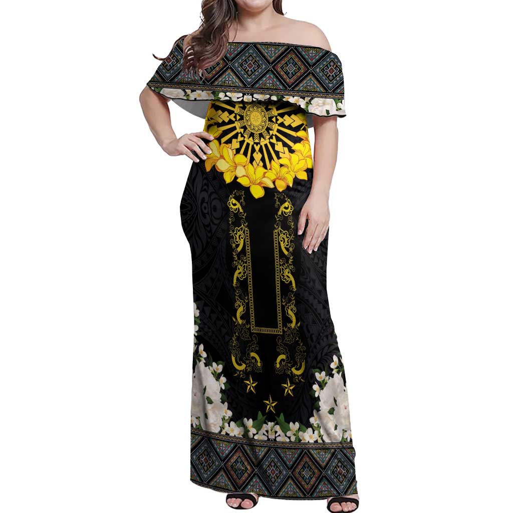 Flores de Mayo and Filipino Fiesta Off Shoulder Maxi Dress The Sun-Jasmine and Polynesian Yakan Tattoo Barong Style
