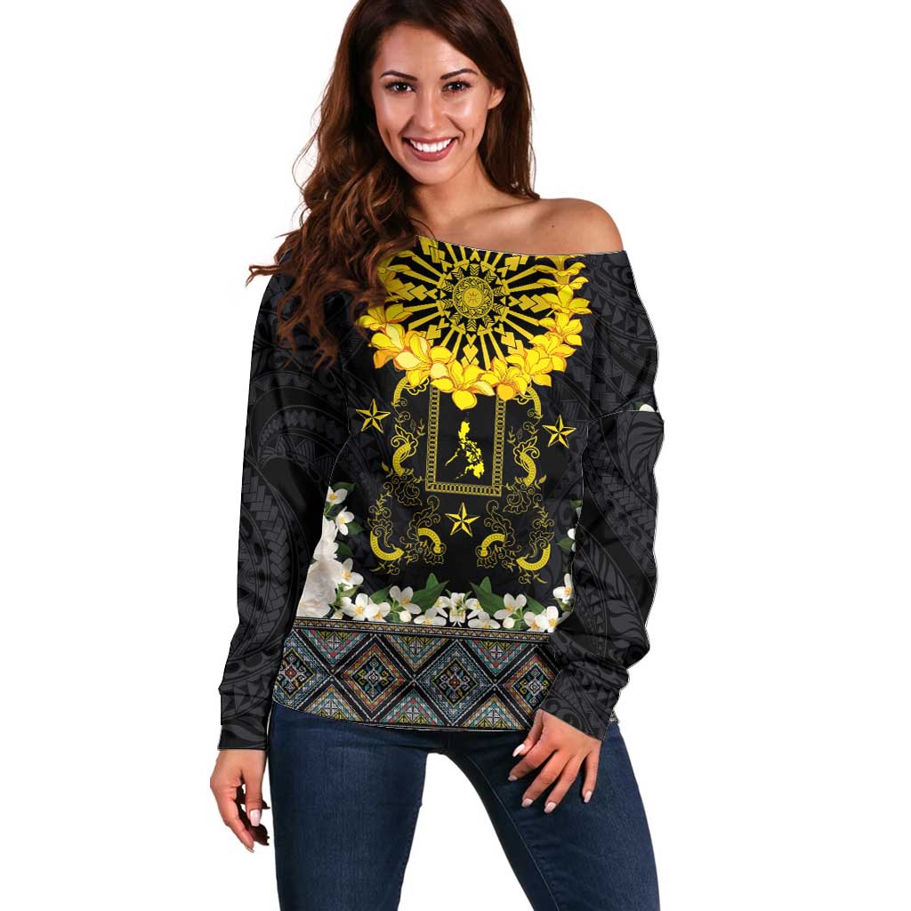 Flores de Mayo and Filipino Fiesta Off Shoulder Sweater The Sun-Jasmine and Polynesian Yakan Tattoo Barong Style LT03 Women Black - Polynesian Pride