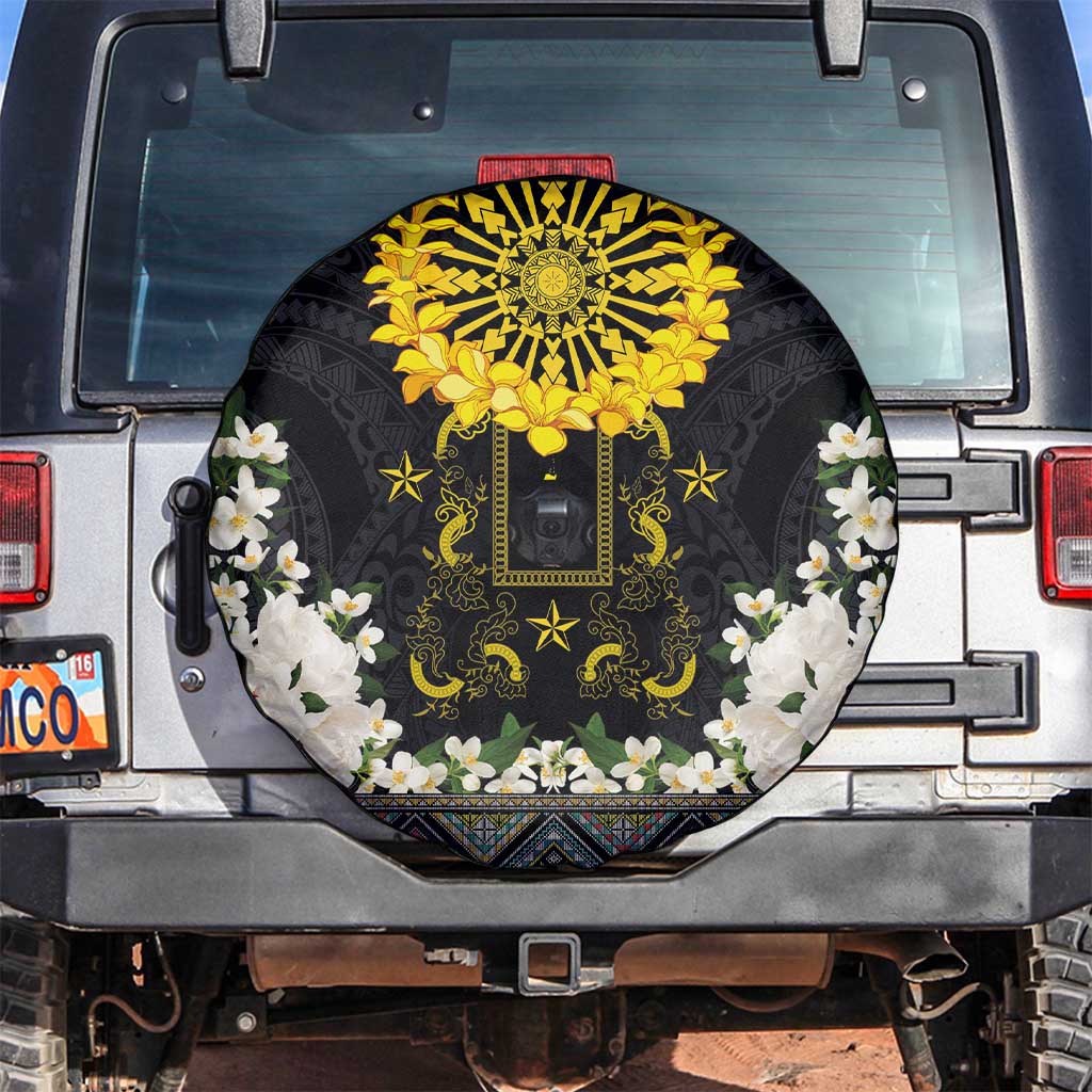 Flores de Mayo and Filipino Fiesta Spare Tire Cover The Sun-Jasmine and Polynesian Yakan Tattoo Barong Style LT03 Black - Polynesian Pride