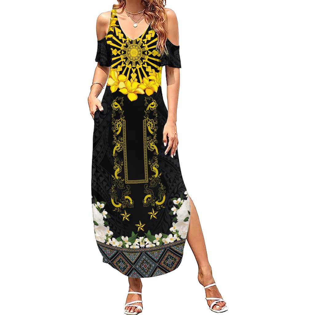 Flores de Mayo and Filipino Fiesta Summer Maxi Dress The Sun-Jasmine and Polynesian Yakan Tattoo Barong Style
