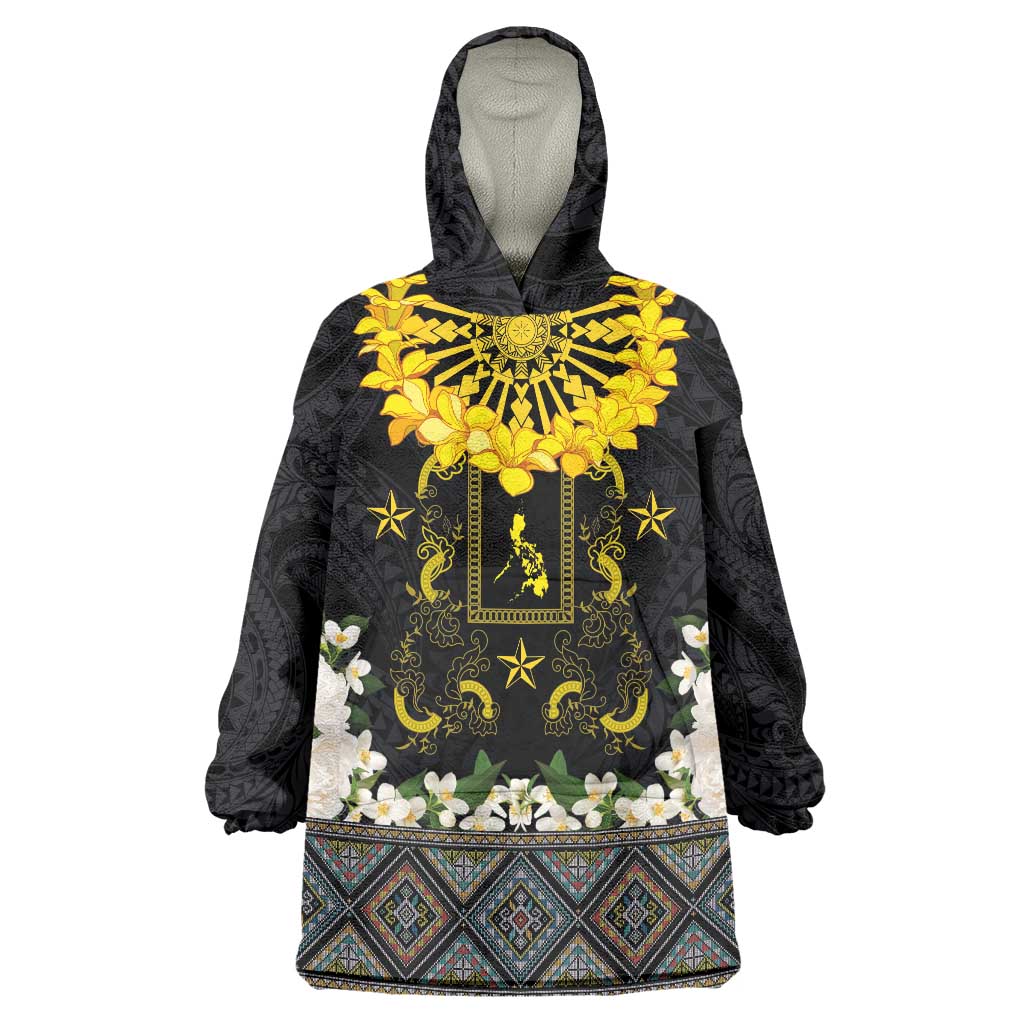 Flores de Mayo and Filipino Fiesta Wearable Blanket Hoodie The Sun-Jasmine and Polynesian Yakan Tattoo Barong Style LT03 One Size Black - Polynesian Pride