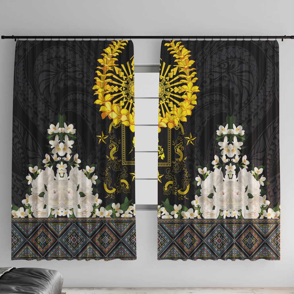 Flores de Mayo and Filipino Fiesta Window Curtain The Sun-Jasmine and Polynesian Yakan Tattoo Barong Style LT03 With Hooks Black - Polynesian Pride