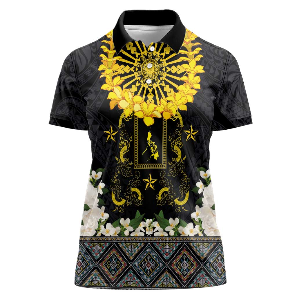 Flores de Mayo and Filipino Fiesta Women Polo Shirt The Sun-Jasmine and Polynesian Yakan Tattoo Barong Style