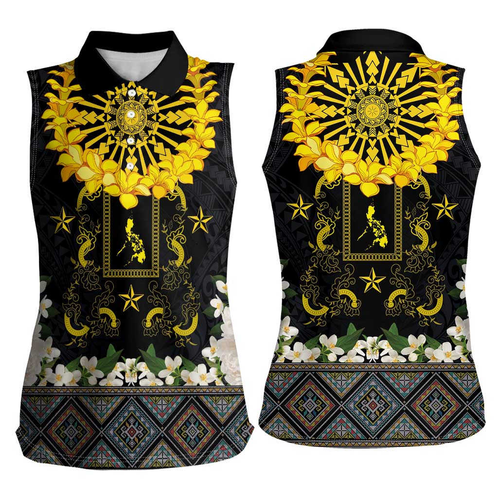 Flores de Mayo and Filipino Fiesta Women Sleeveless Polo Shirt The Sun-Jasmine and Polynesian Yakan Tattoo Barong Style