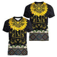 Flores de Mayo and Filipino Fiesta Women V-Neck T-Shirt The Sun-Jasmine and Polynesian Yakan Tattoo Barong Style