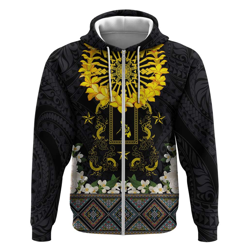 Flores de Mayo and Filipino Fiesta Zip Hoodie The Sun-Jasmine and Polynesian Yakan Tattoo Barong Style LT03 Zip Hoodie Black - Polynesian Pride