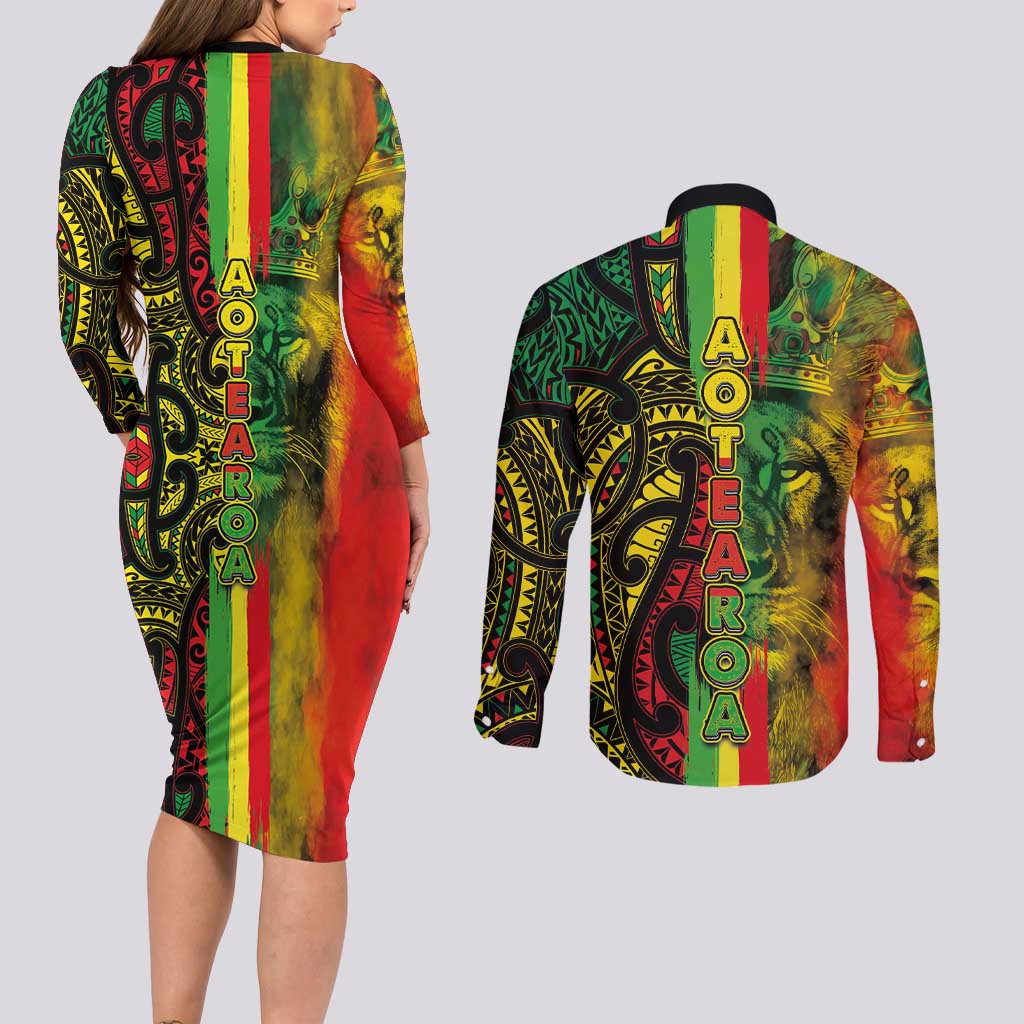 Aotearoa Reggae Couples Matching Long Sleeve Bodycon Dress and Long Sleeve Button Shirt Maori Reggae-One Love