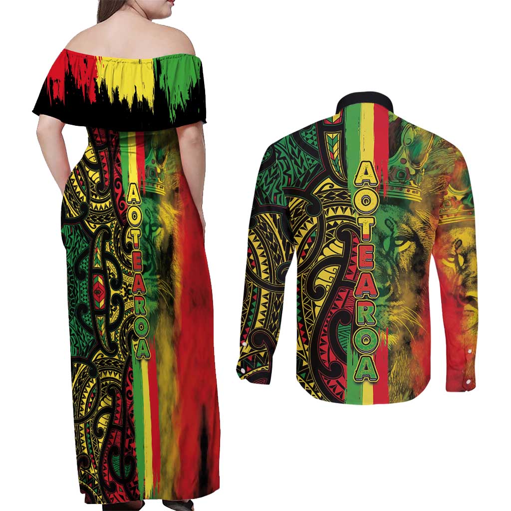Aotearoa Reggae Couples Matching Off Shoulder Maxi Dress and Long Sleeve Button Shirt Maori Reggae-One Love LT03 - Polynesian Pride