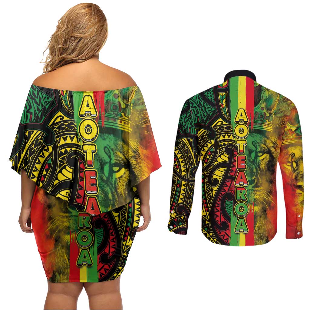 Aotearoa Reggae Couples Matching Off Shoulder Short Dress and Long Sleeve Button Shirt Maori Reggae-One Love LT03 - Polynesian Pride