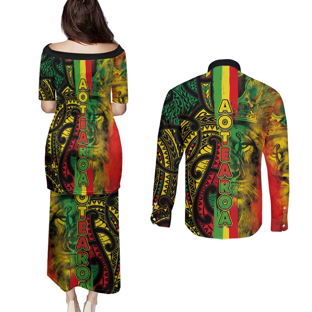 Aotearoa Reggae Couples Matching Puletasi and Long Sleeve Button Shirt Maori Reggae-One Love