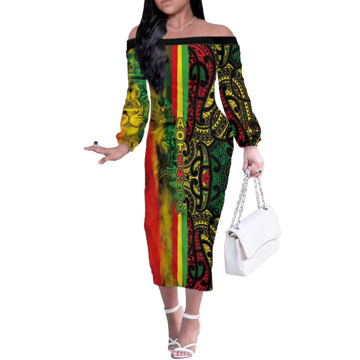 Aotearoa Reggae Off The Shoulder Long Sleeve Dress Maori Reggae-One Love