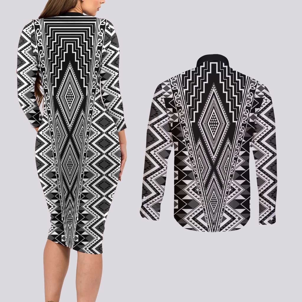 Aotearoa Tukutuku and Poutama Motif Classic Couples Matching Long Sleeve Bodycon Dress and Long Sleeve Button Shirt