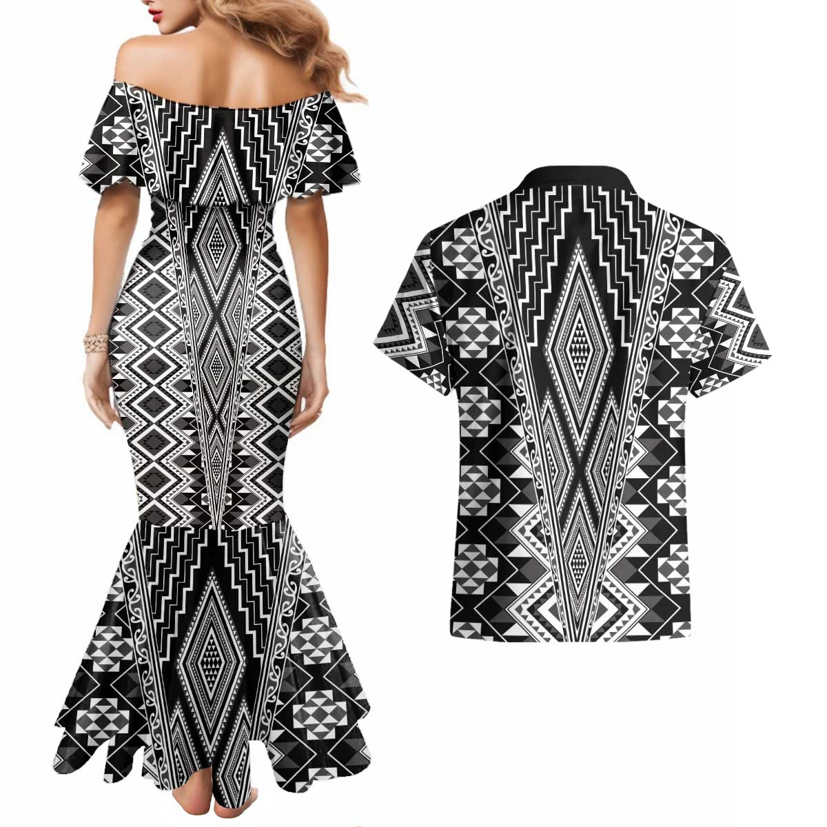 Aotearoa Tukutuku and Poutama Motif Classic Couples Matching Mermaid Dress and Hawaiian Shirt
