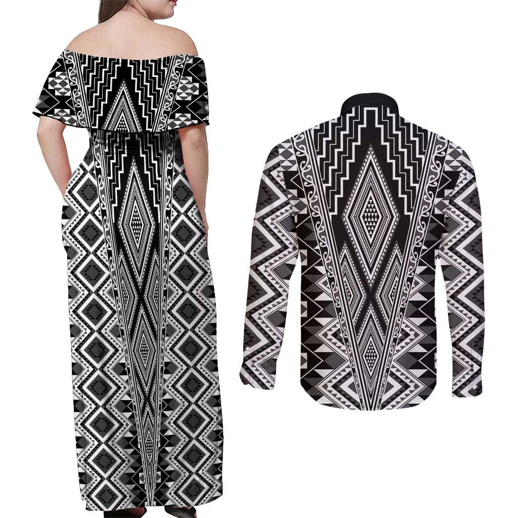 Aotearoa Tukutuku and Poutama Motif Classic Couples Matching Off Shoulder Maxi Dress and Long Sleeve Button Shirt