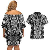 Aotearoa Tukutuku and Poutama Motif Classic Couples Matching Off Shoulder Short Dress and Hawaiian Shirt