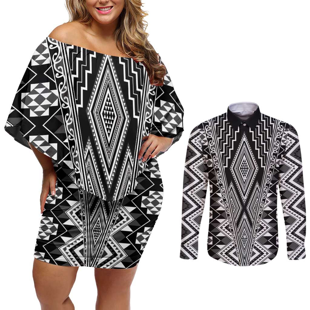 Aotearoa Tukutuku and Poutama Motif Classic Couples Matching Off Shoulder Short Dress and Long Sleeve Button Shirt