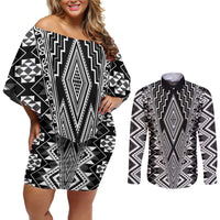 Aotearoa Tukutuku and Poutama Motif Classic Couples Matching Off Shoulder Short Dress and Long Sleeve Button Shirt