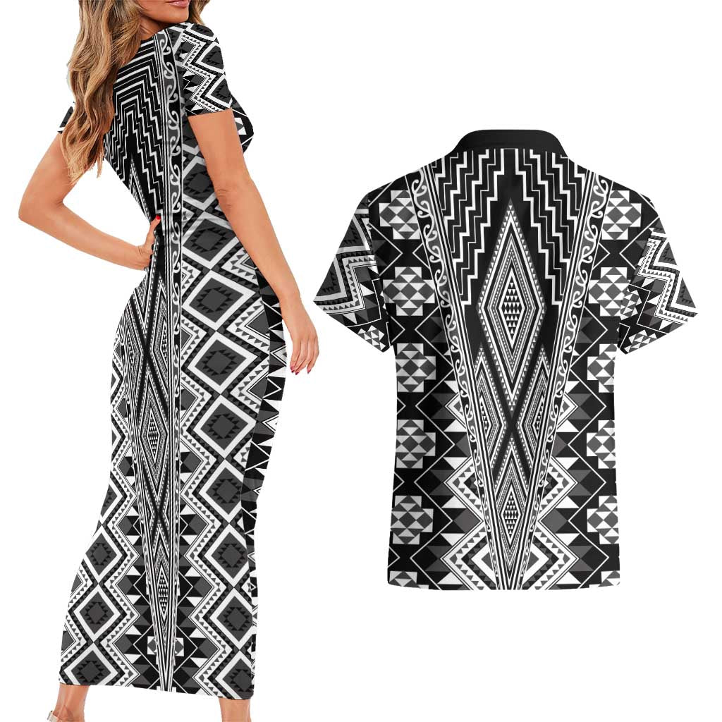 Aotearoa Tukutuku and Poutama Motif Classic Couples Matching Short Sleeve Bodycon Dress and Hawaiian Shirt