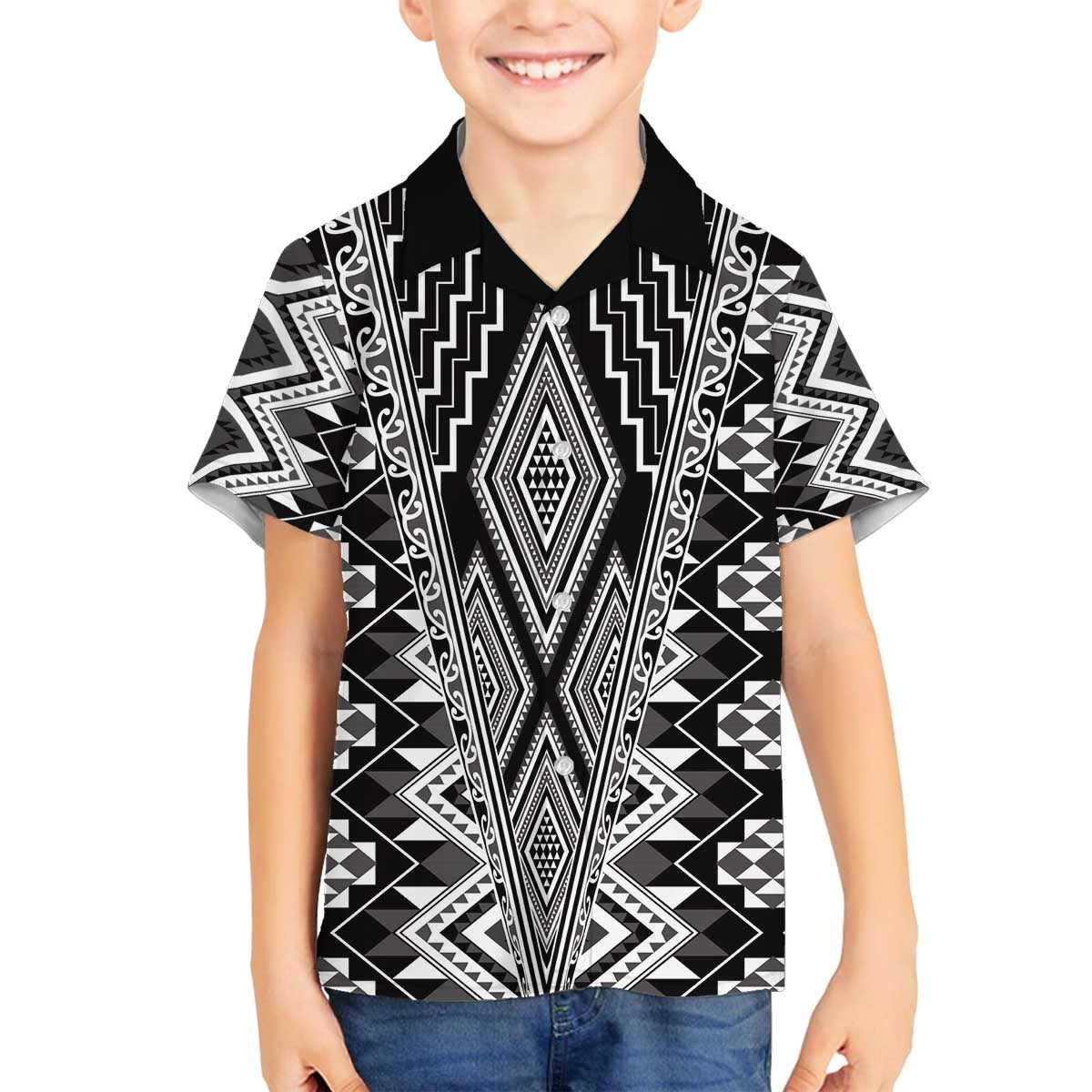 Aotearoa Tukutuku and Poutama Motif Classic Family Matching Off The Shoulder Long Sleeve Dress and Hawaiian Shirt