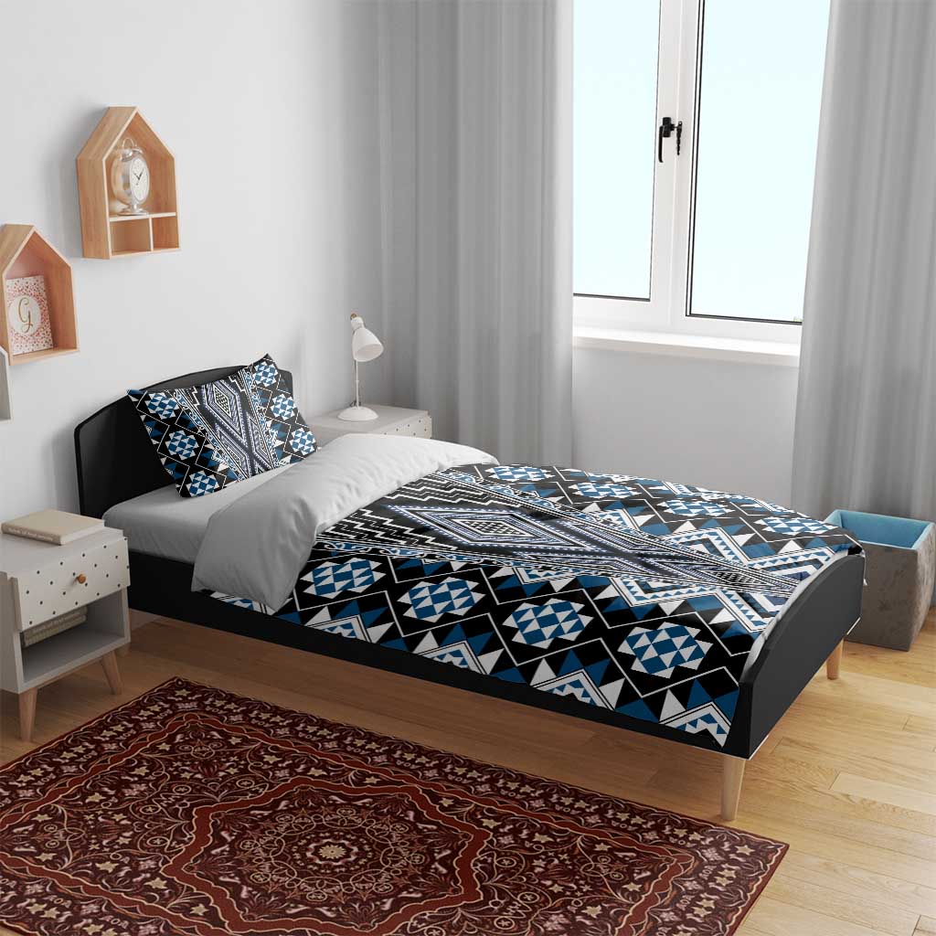 Blue Aotearoa Tukutuku and Poutama Motif Bedding Set