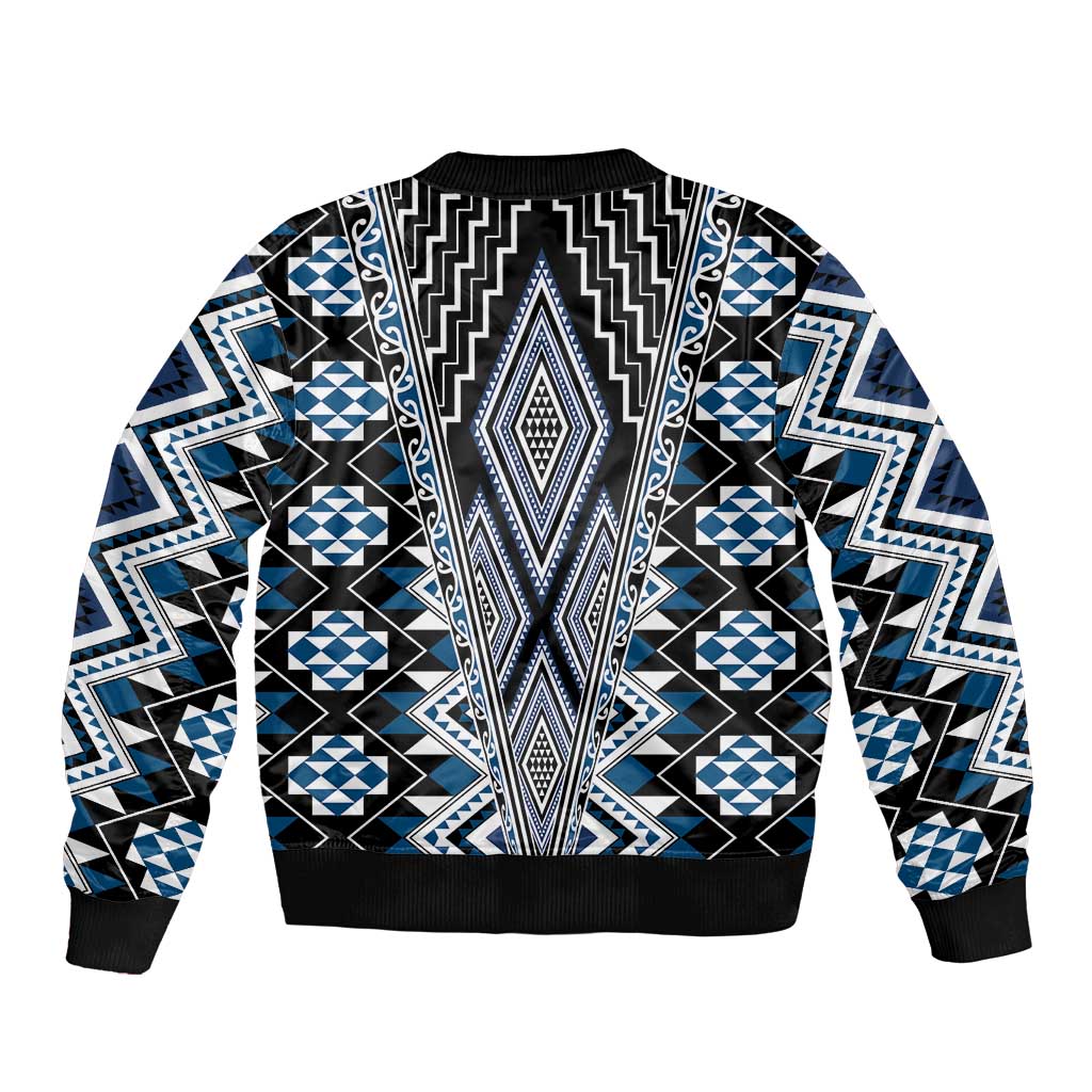 Blue Aotearoa Tukutuku and Poutama Motif Bomber Jacket