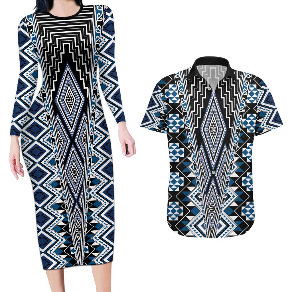 Blue Aotearoa Tukutuku and Poutama Motif Couples Matching Long Sleeve Bodycon Dress and Hawaiian Shirt
