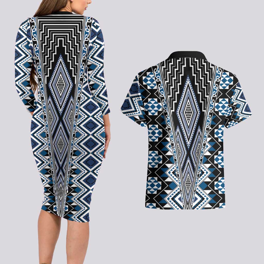 Blue Aotearoa Tukutuku and Poutama Motif Couples Matching Long Sleeve Bodycon Dress and Hawaiian Shirt