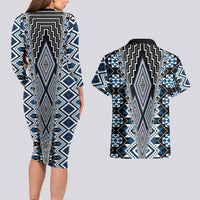 Blue Aotearoa Tukutuku and Poutama Motif Couples Matching Long Sleeve Bodycon Dress and Hawaiian Shirt