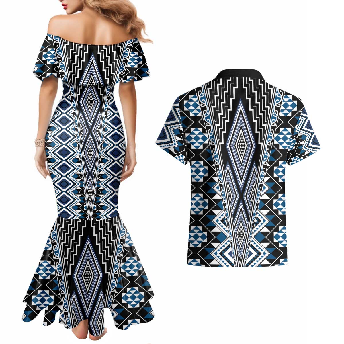 Blue Aotearoa Tukutuku and Poutama Motif Couples Matching Mermaid Dress and Hawaiian Shirt