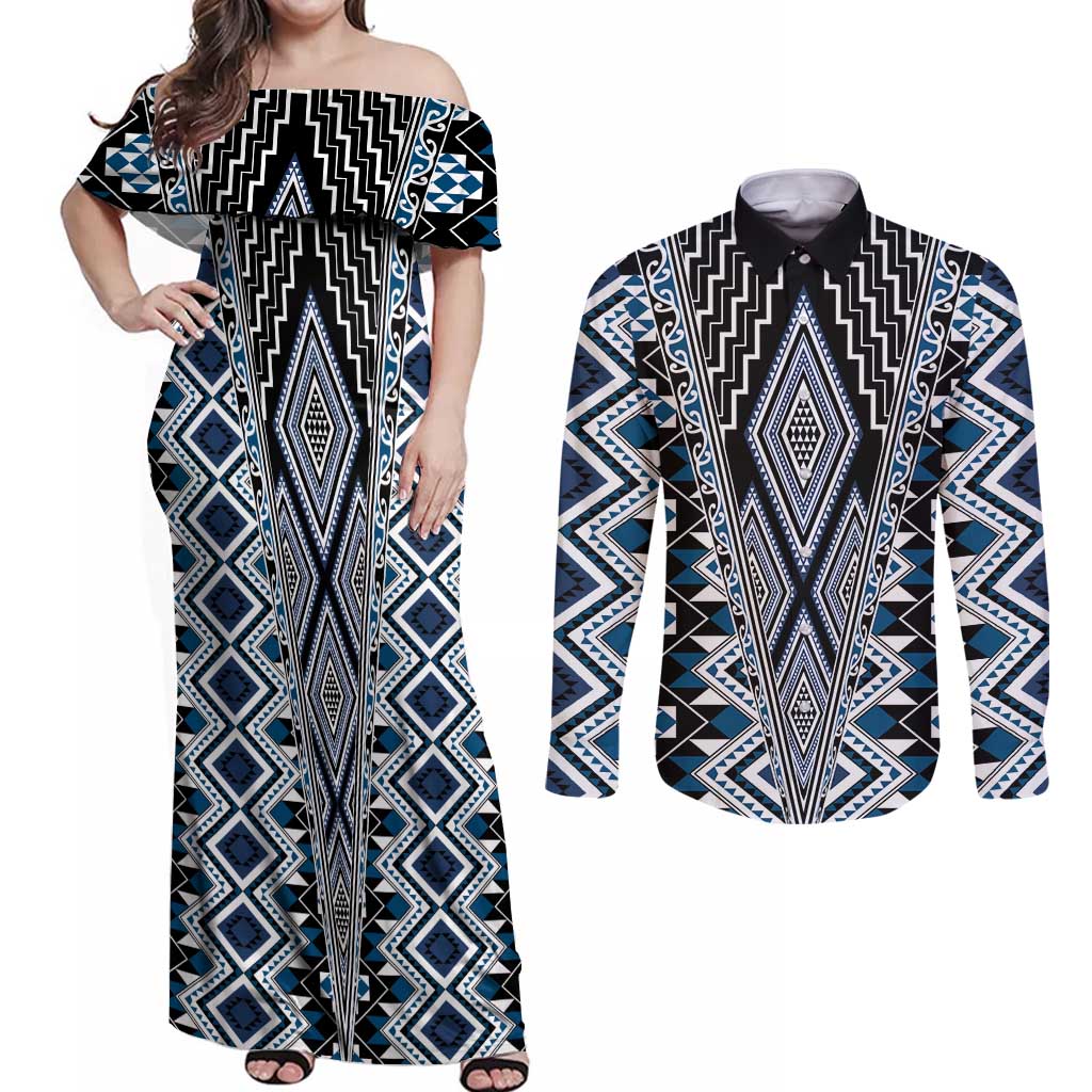 Blue Aotearoa Tukutuku and Poutama Motif Couples Matching Off Shoulder Maxi Dress and Long Sleeve Button Shirt