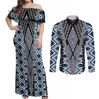 Blue Aotearoa Tukutuku and Poutama Motif Couples Matching Off Shoulder Maxi Dress and Long Sleeve Button Shirt