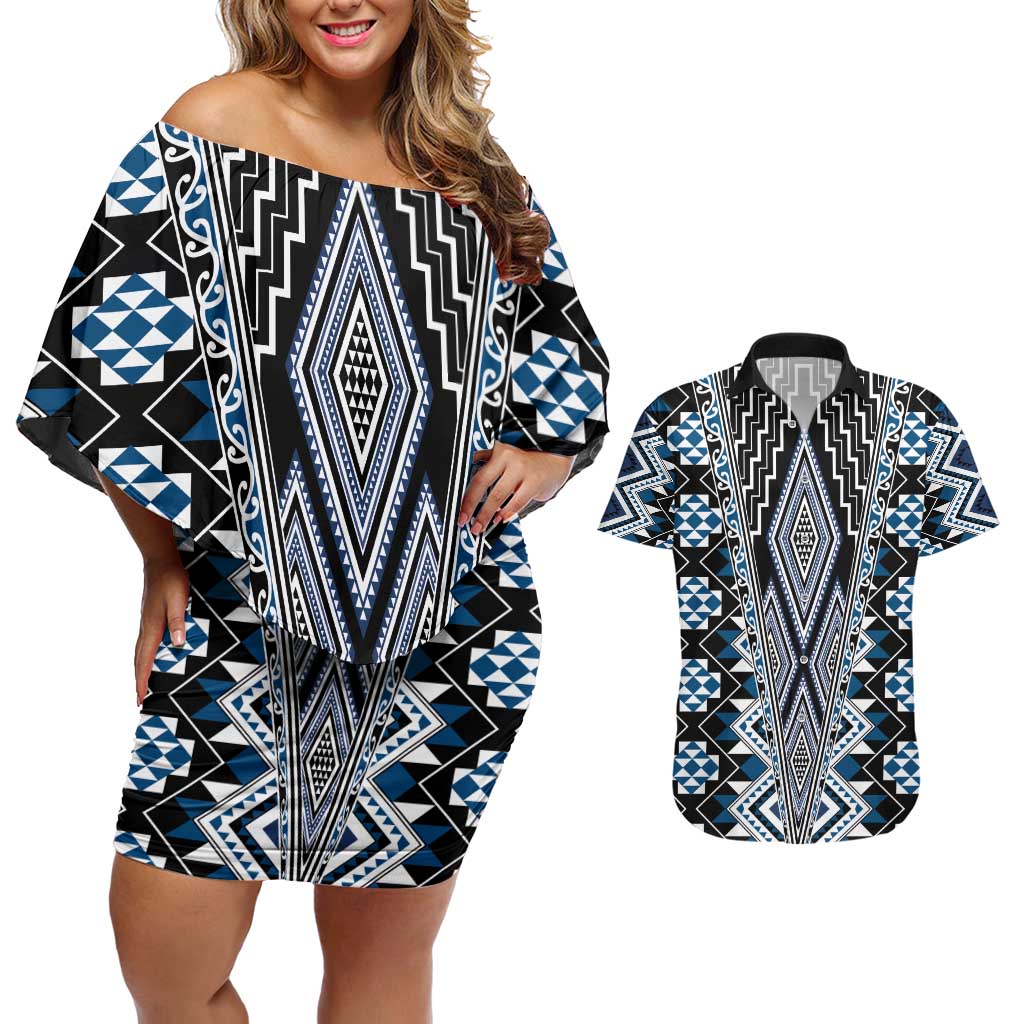 Blue Aotearoa Tukutuku and Poutama Motif Couples Matching Off Shoulder Short Dress and Hawaiian Shirt