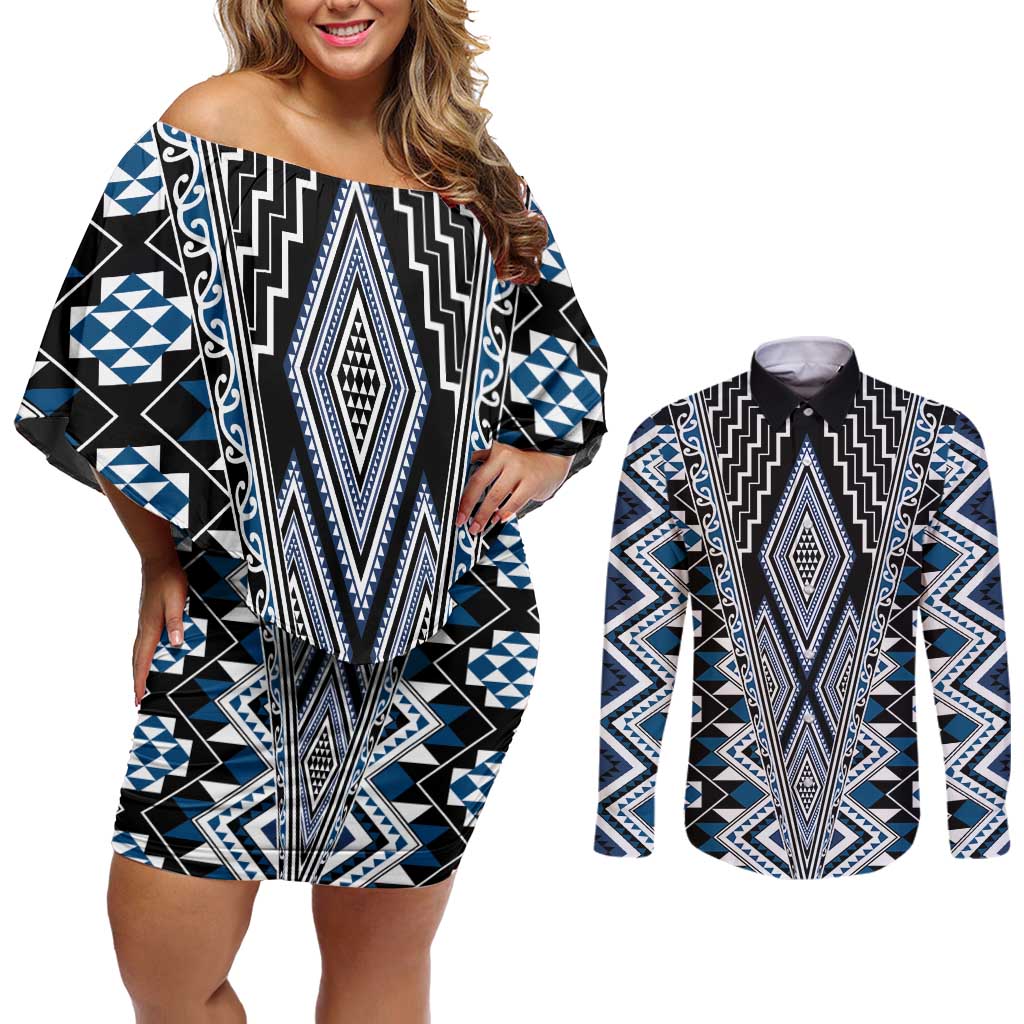 Blue Aotearoa Tukutuku and Poutama Motif Couples Matching Off Shoulder Short Dress and Long Sleeve Button Shirt