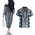 Blue Aotearoa Tukutuku and Poutama Motif Couples Matching Off The Shoulder Long Sleeve Dress and Hawaiian Shirt