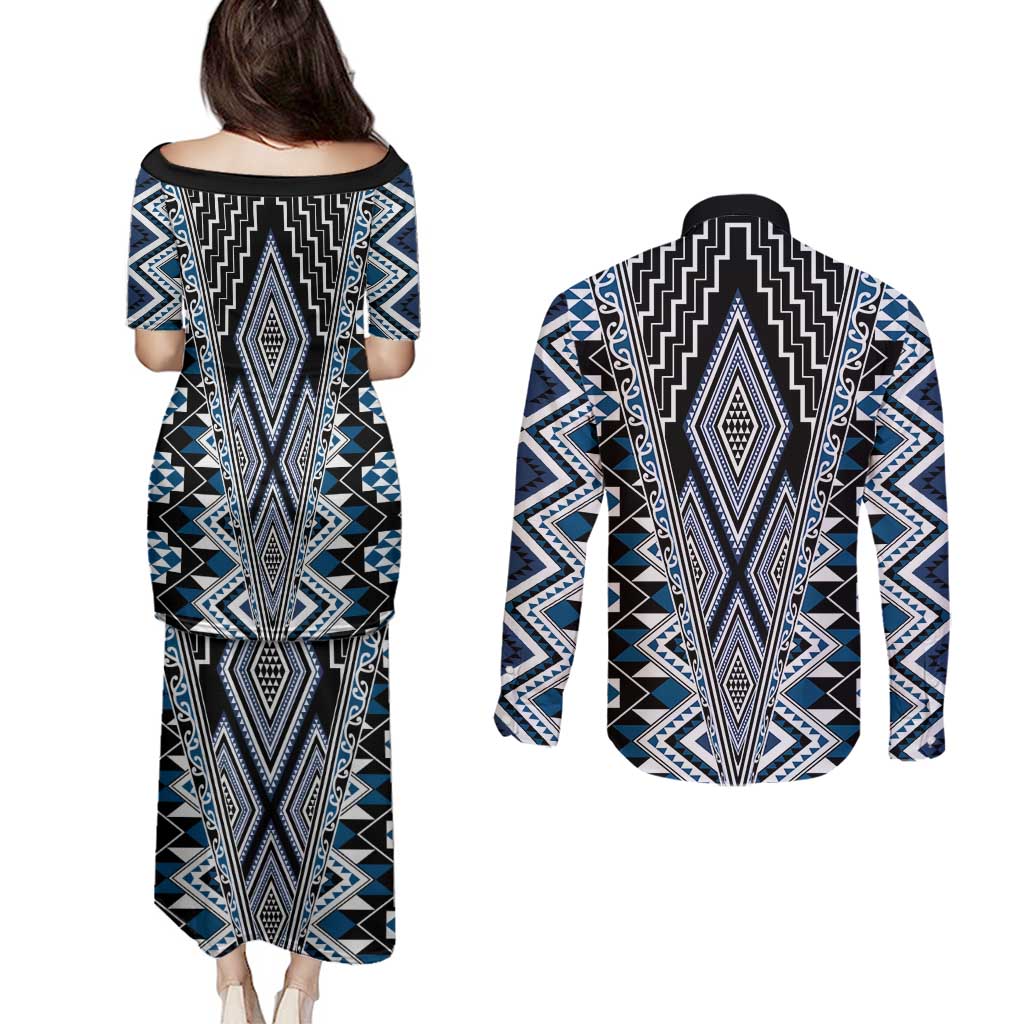 Blue Aotearoa Tukutuku and Poutama Motif Couples Matching Puletasi and Long Sleeve Button Shirt